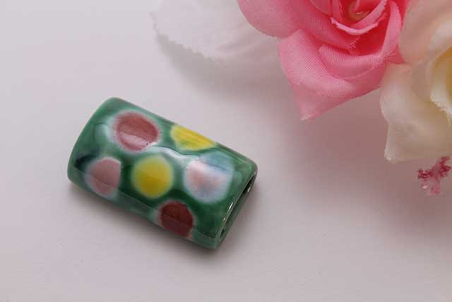 有田焼帯留 緑水玉　筒型