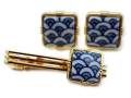 有田焼カフスタイピンセット 染付青海波 角型