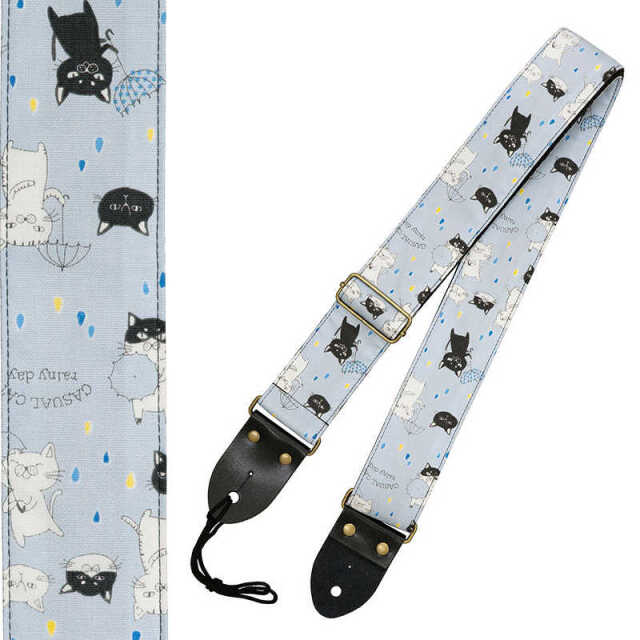 Aria 日本製 ギターストラップ ネコ柄 淡いブルー　SPS-2400Cr BL ひも付き ベース・アコギ