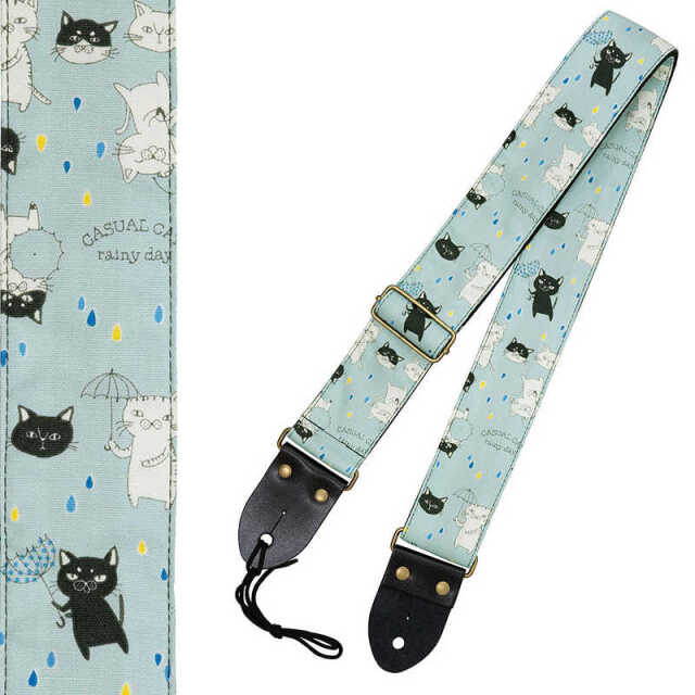 Aria 日本製 ギターストラップ ネコ柄 淡いグリーン　SPS-2400Cr GR ひも付き ベース・アコギ