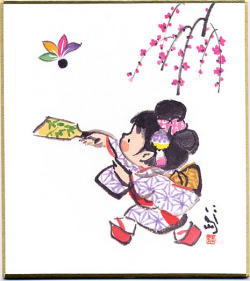 ミニ色紙1月羽根つき