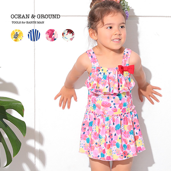 OCEAN＆GROUND｜オーシャンアンドグラウンド 水着 女子 リボン付きフレアワンピース スイムウェア 女の子 100cm-130cm 1012801