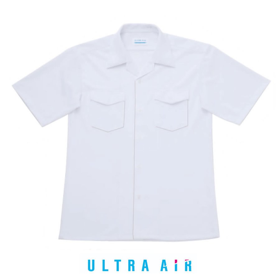 ULTRAAIR｜ウルトラエアー 学生服 シャツ 半袖 男子 スクールシャツ ニット生地 B体（大きいサイズ） ノーアイロン ストレッチ 開襟 両ポケ 150B-190B（白）UA225