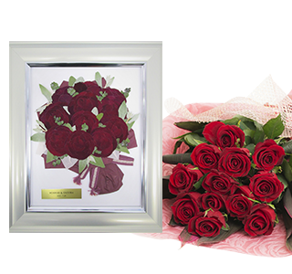 赤バラ12本＋プレスドMリアル押花（ドライフラワー） ナビーブーケ