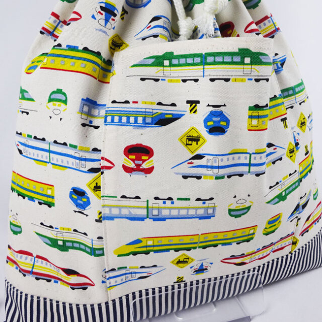 ハンドメイド 新幹線 巾着 移動ポケット のりもの 青 男の子 ハンドメイド 新幹線 巾着 移動ポケット のりもの 青 男の子