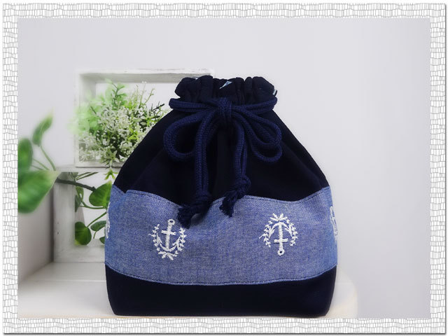 入園グッズ 幼稚園 保育園 お弁当袋 巾着袋 凛凛 マリン柄 イカリ ネービー コン 入学 手作りハンドメイドセット通販のんちゃん