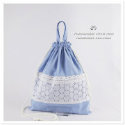入園グッズ ナップサック 手提げ 体操服袋 サークル レース 刺繍 ブルー 女の子用