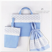 【2日以内発送】 入園入学グッズ 3点セット【 レッスンバッグ・上履き入れ・巾着袋】 幼稚園 保育園 フリル サークル レース 刺繍 ブルー 女の子用