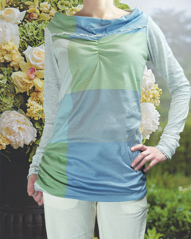 たゆっと襟♪幾何学柄シャーリングデザインのロングスリーブトップ（色展開あり）