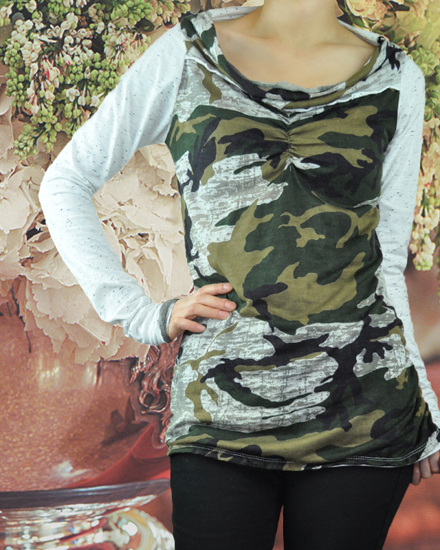 たゆっと襟♪迷彩柄シースルー☆シャーリングデザインのロングスリーブトップ