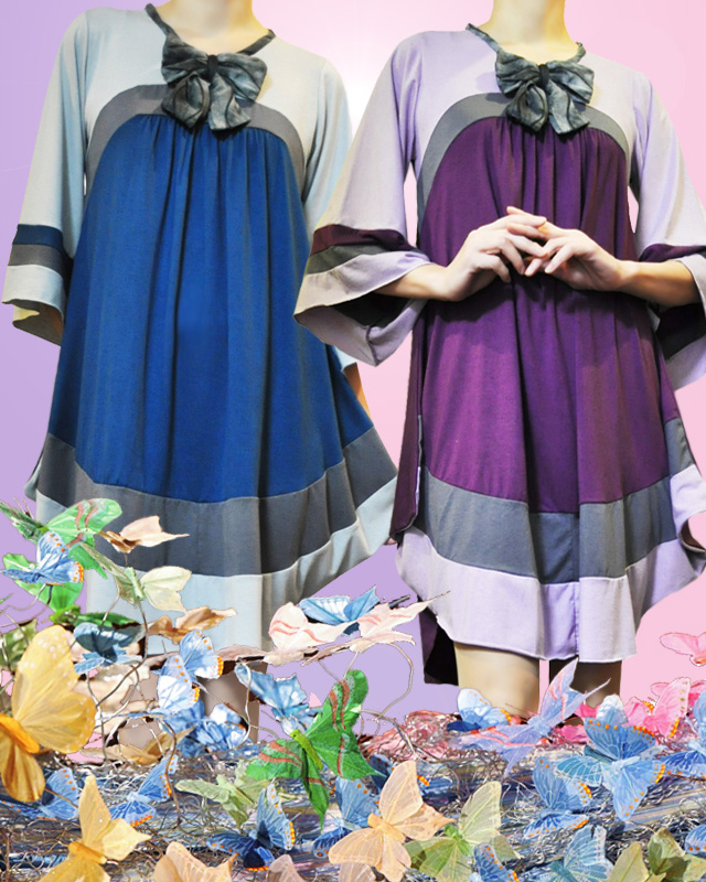 リボン付き３配色オーバーラフチュニック（ワンピース風）【２色３サイズ展開】