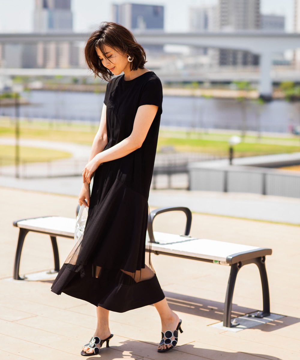 裾チュール切替カットワンピース