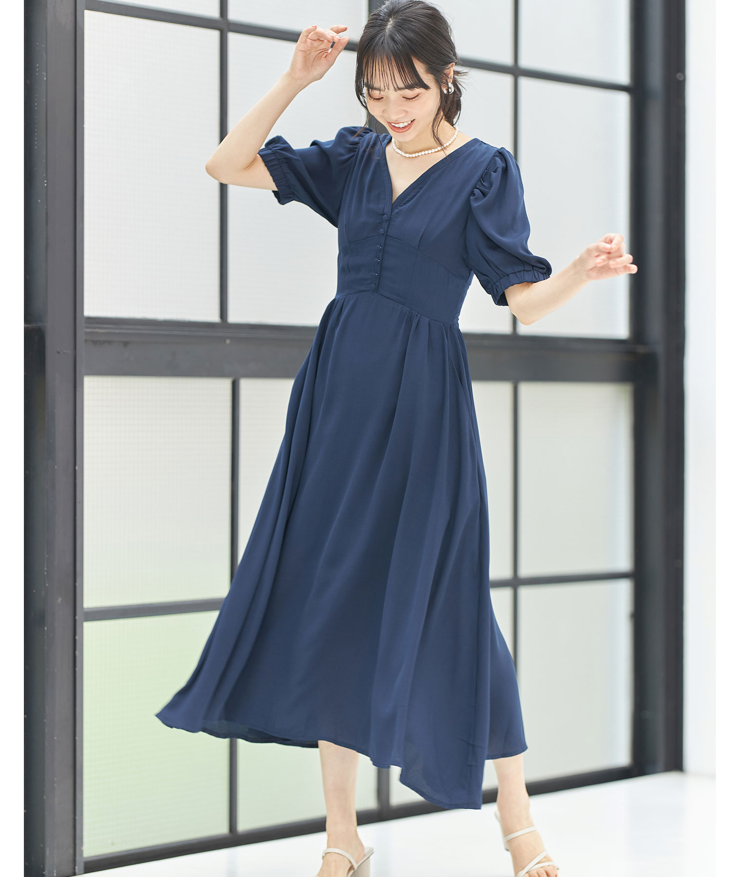 パフスリーブガーゼフレアワンピース