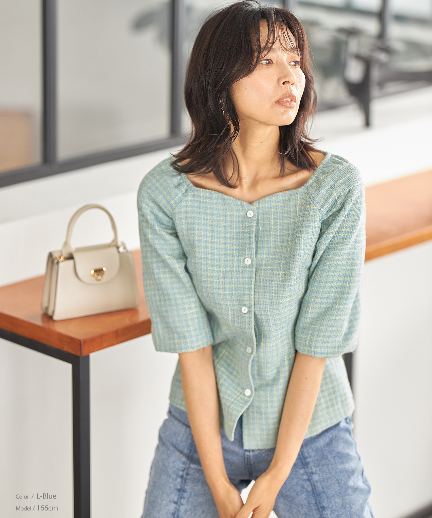 【SALE】8/3 再値下げ！カラーツイードボリュームスリーブブラウス＊SALE品につき返品/交換/注文確定後の変更キャンセル不可＊