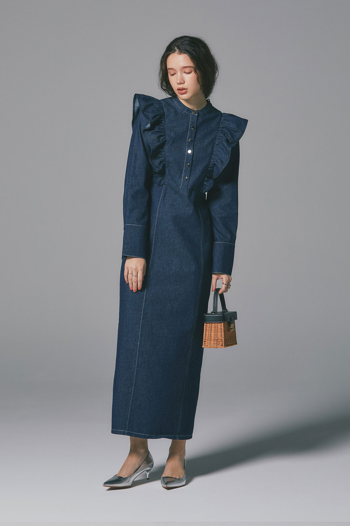 フリルデニムワンピース＊SALE品につき返品/交換/注文確定後の変更キャンセル不可＊