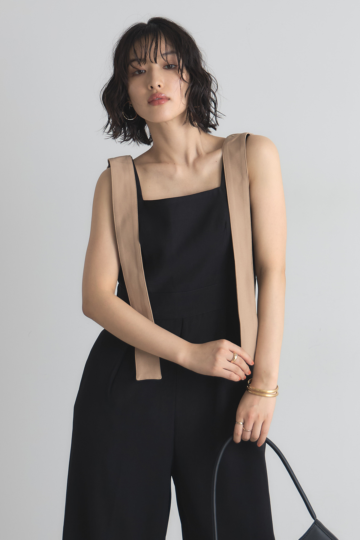 バイカラーベルトショルダーオールインワン