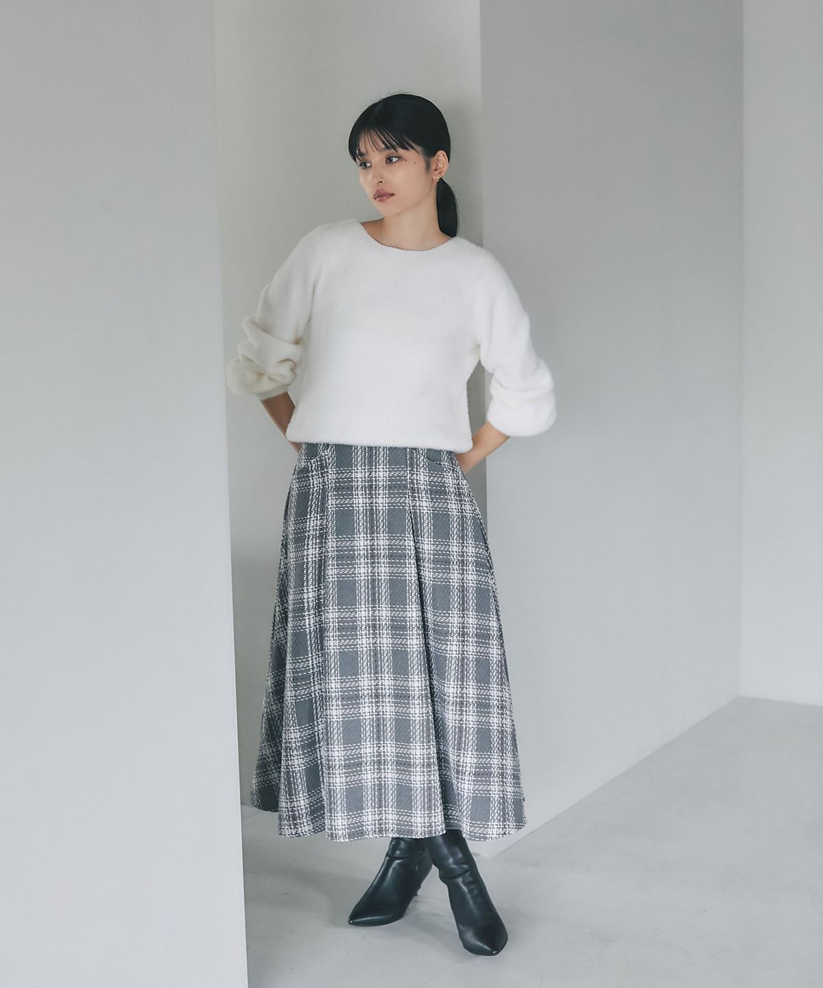 【FINAL SALE】【宮本茉由さんカタログ着用】ツイードチェックフレアスカート＊SALE品につき返品/交換/注文確定後の変更キャンセル不可＊