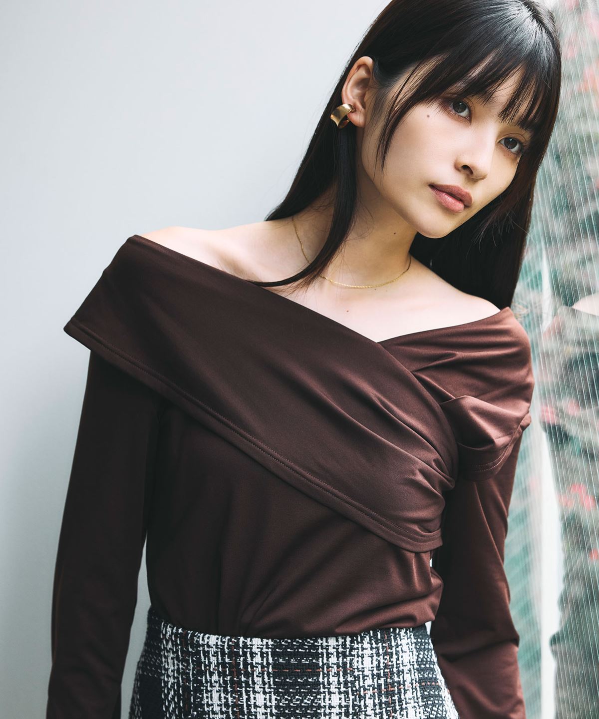 裏起毛オフショルアシメカットソー