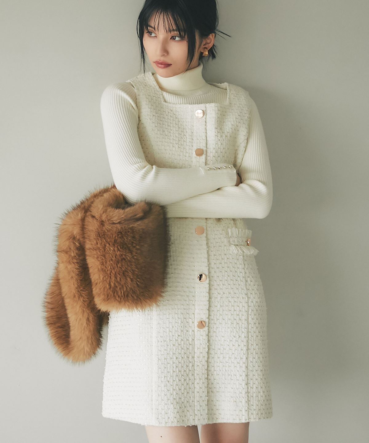 1月13日オフィシャルサイト限定少量再販！フロントメタルボタンミックスツイードジャンスカ