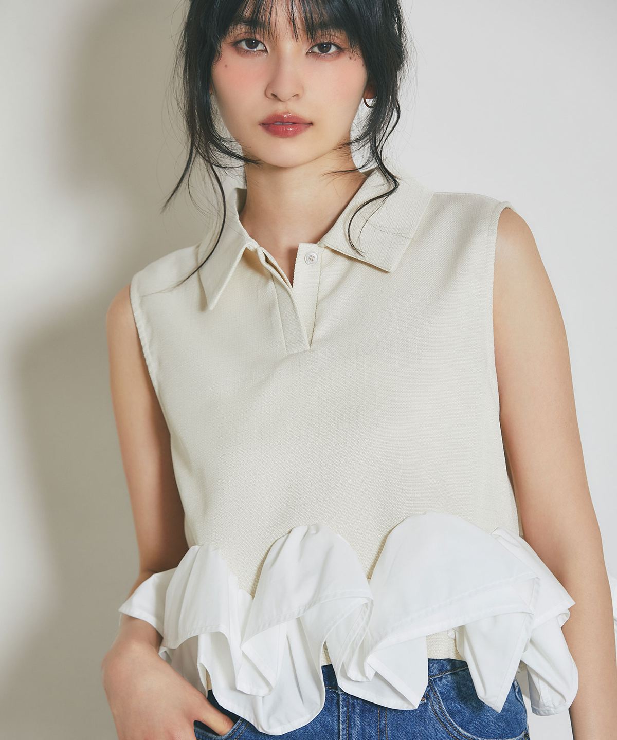 リネンライクフリルヘムトップス