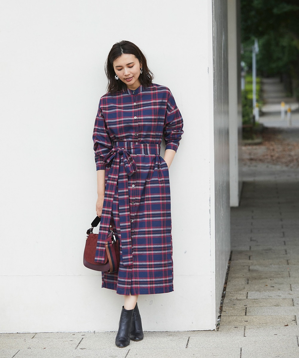 チェック柄バックスリットロングワンピース