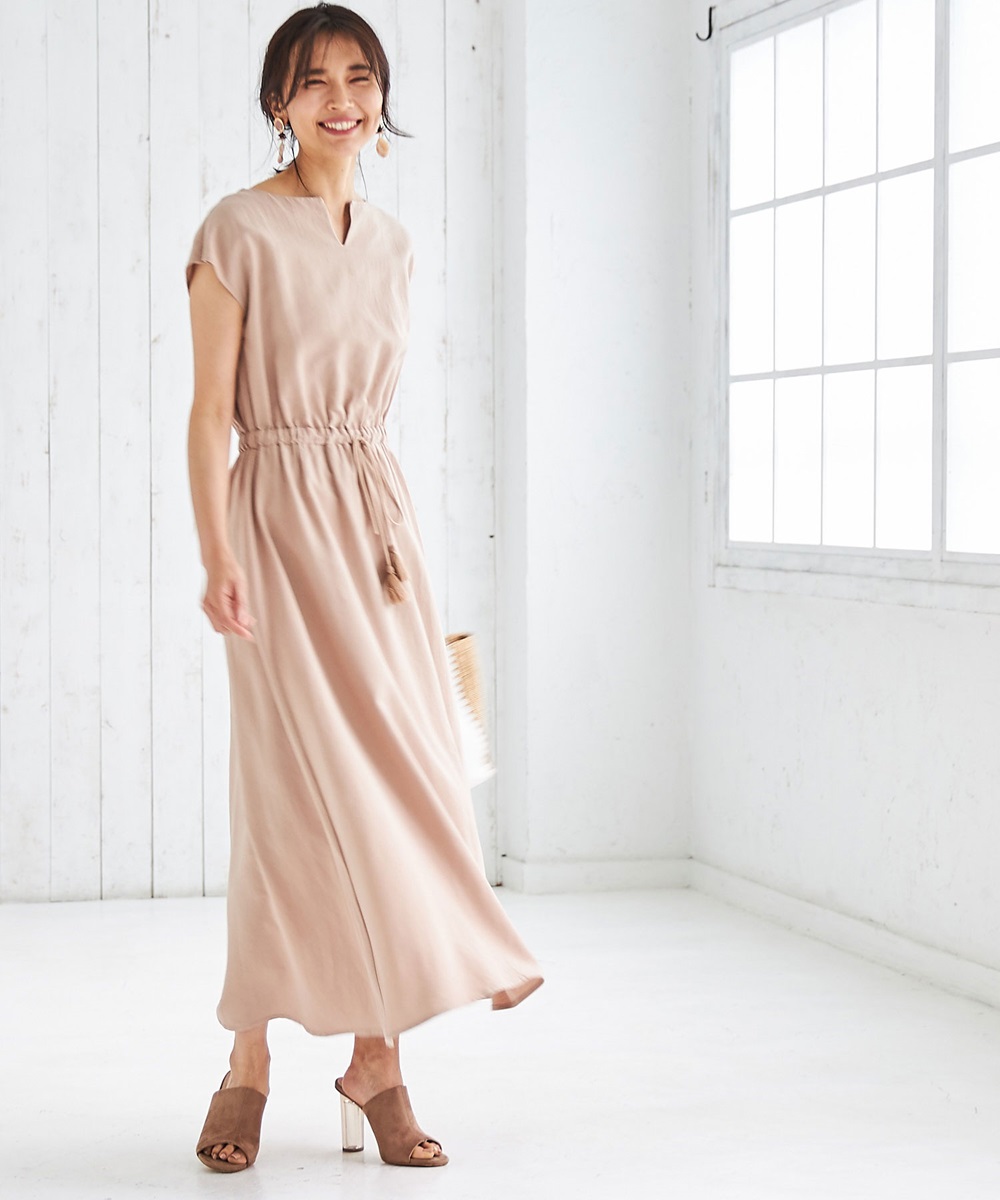 フリンジギャザーリネンマキシワンピース