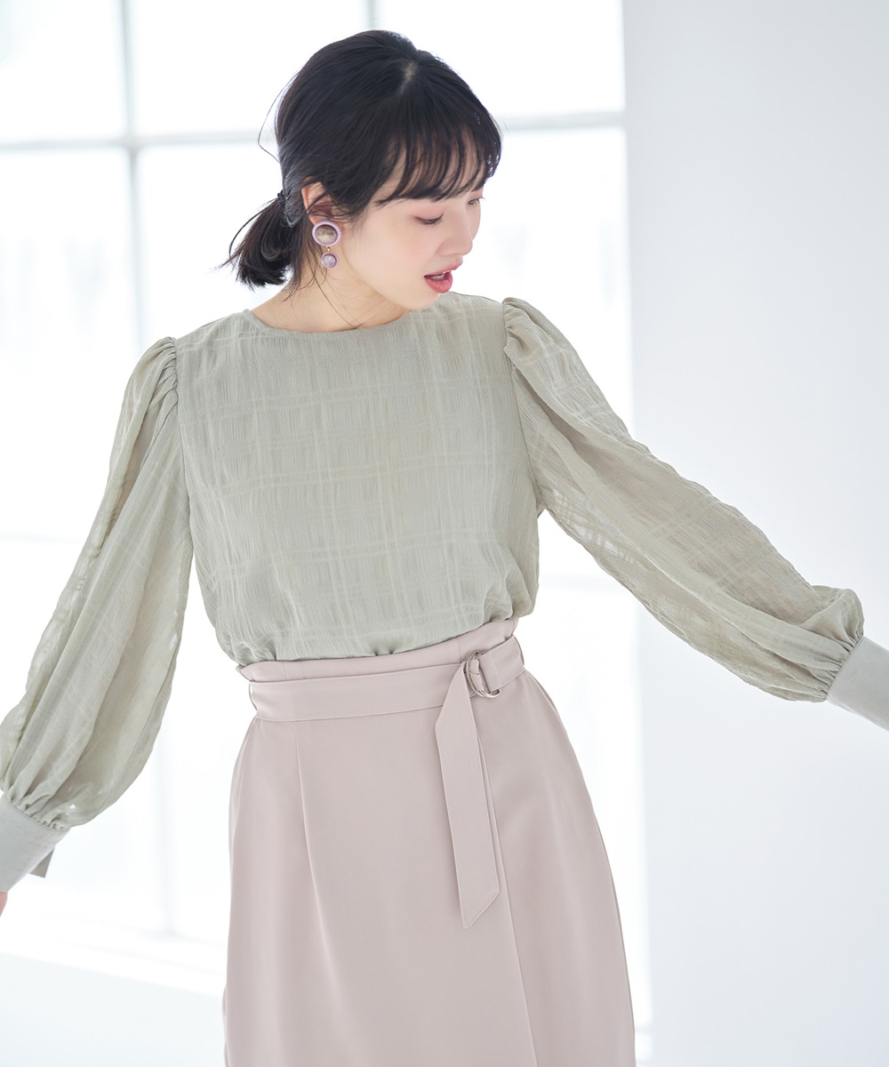 シアーチェックボリュームスリーブブラウス《Suger Color Collection》