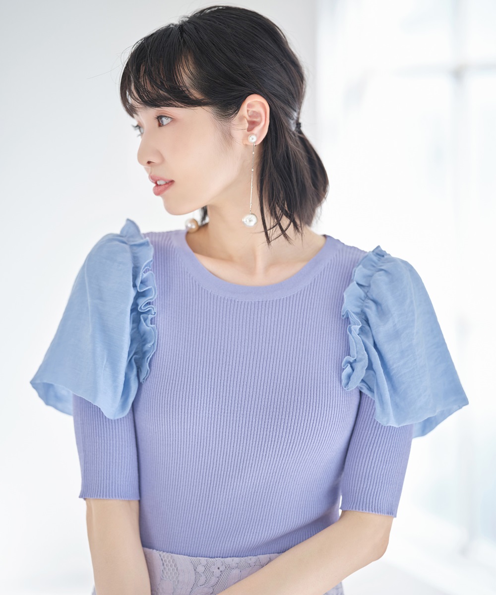 肩フリルリブニット《Suger Color Collection》