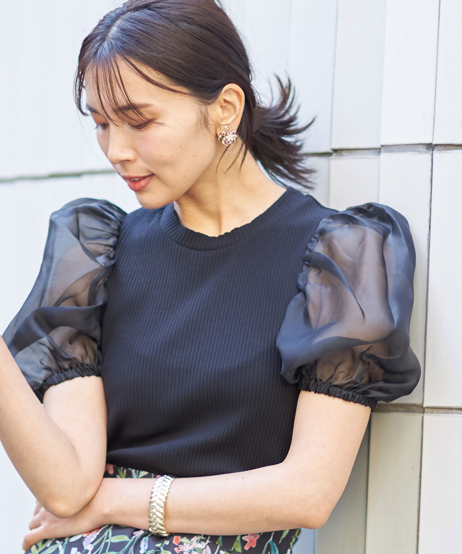 オーガンジースリーブリブTシャツ