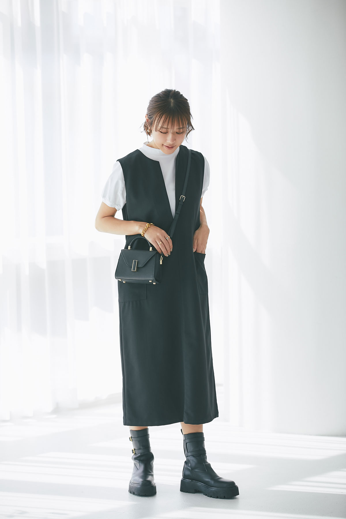 キーネックレイヤードワンピース