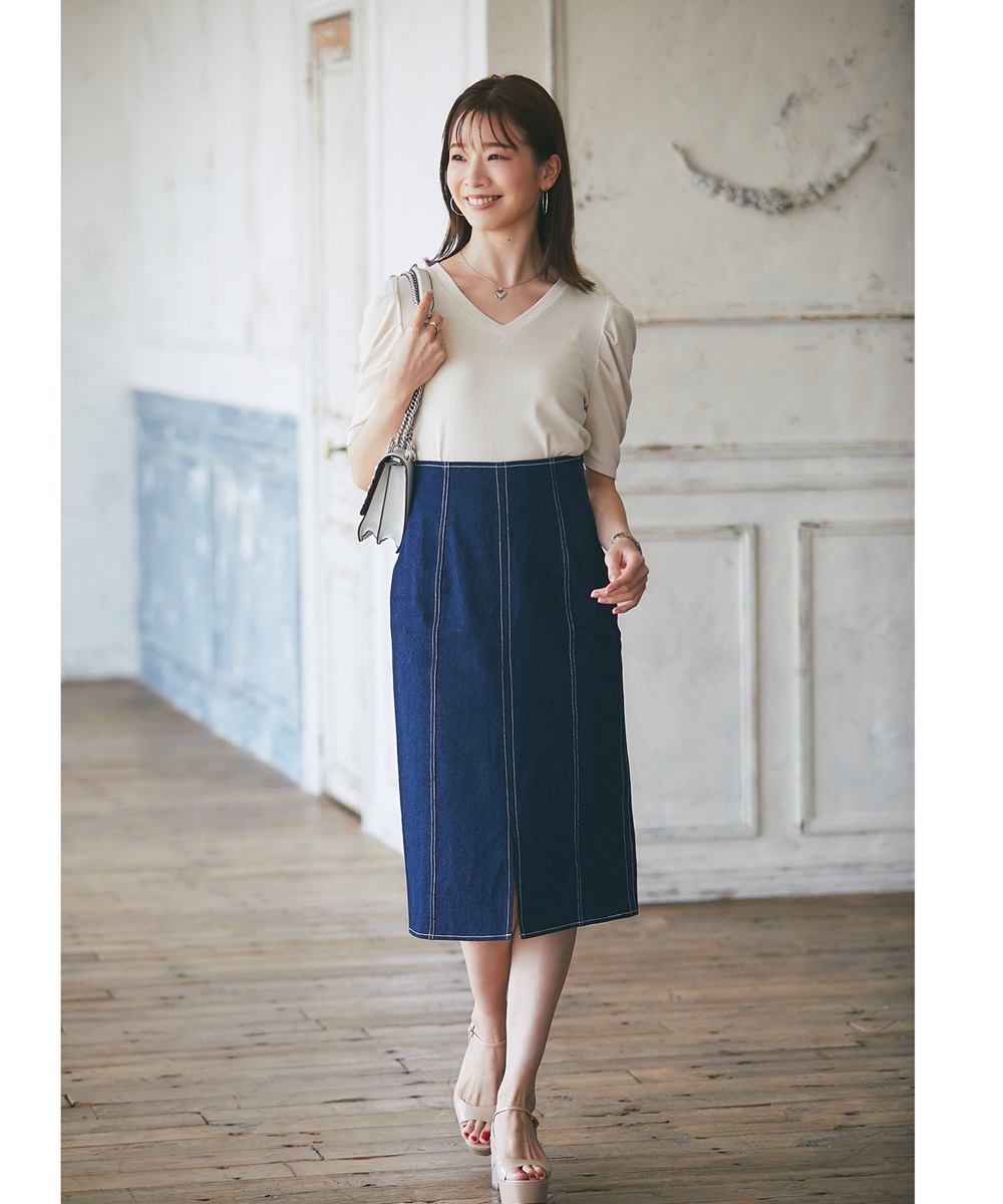 【石井亜美さんコラボ】ステッチデニムストレートスカート