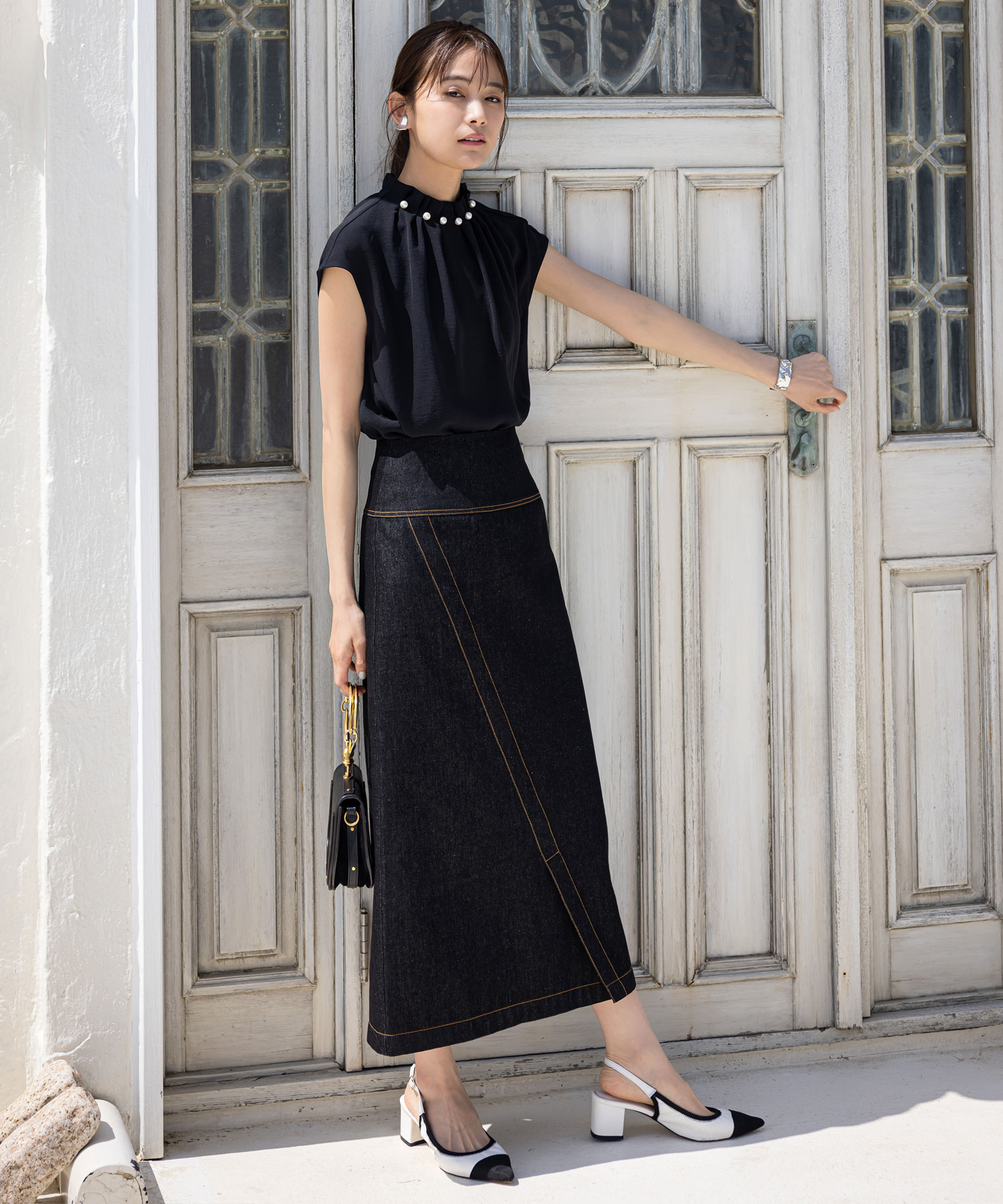 【冨張愛さん着用】ラップ風デニムストレートスカート