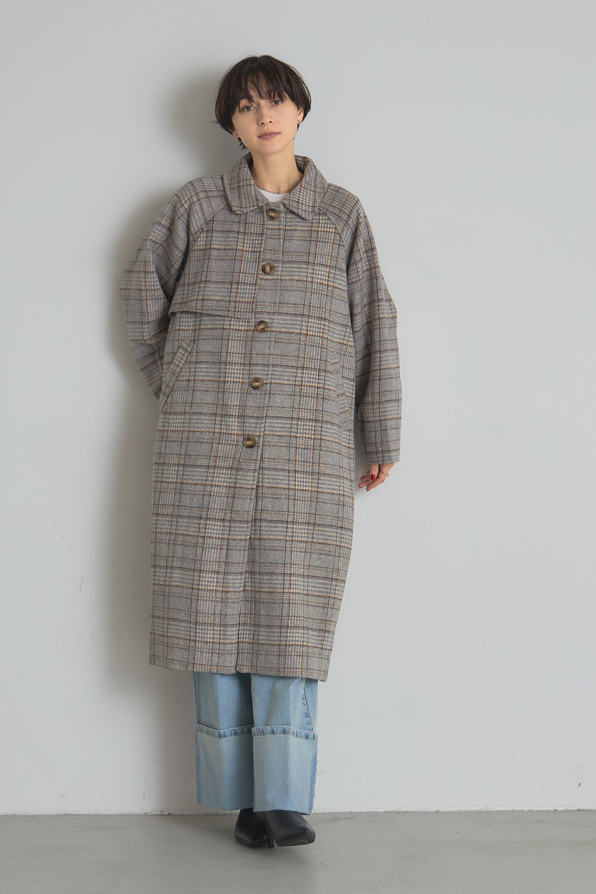 【OUTER SALE】先染めチェックステンカラーコート＊SALE品につき返品/交換/注文確定後の変更キャンセル不可＊