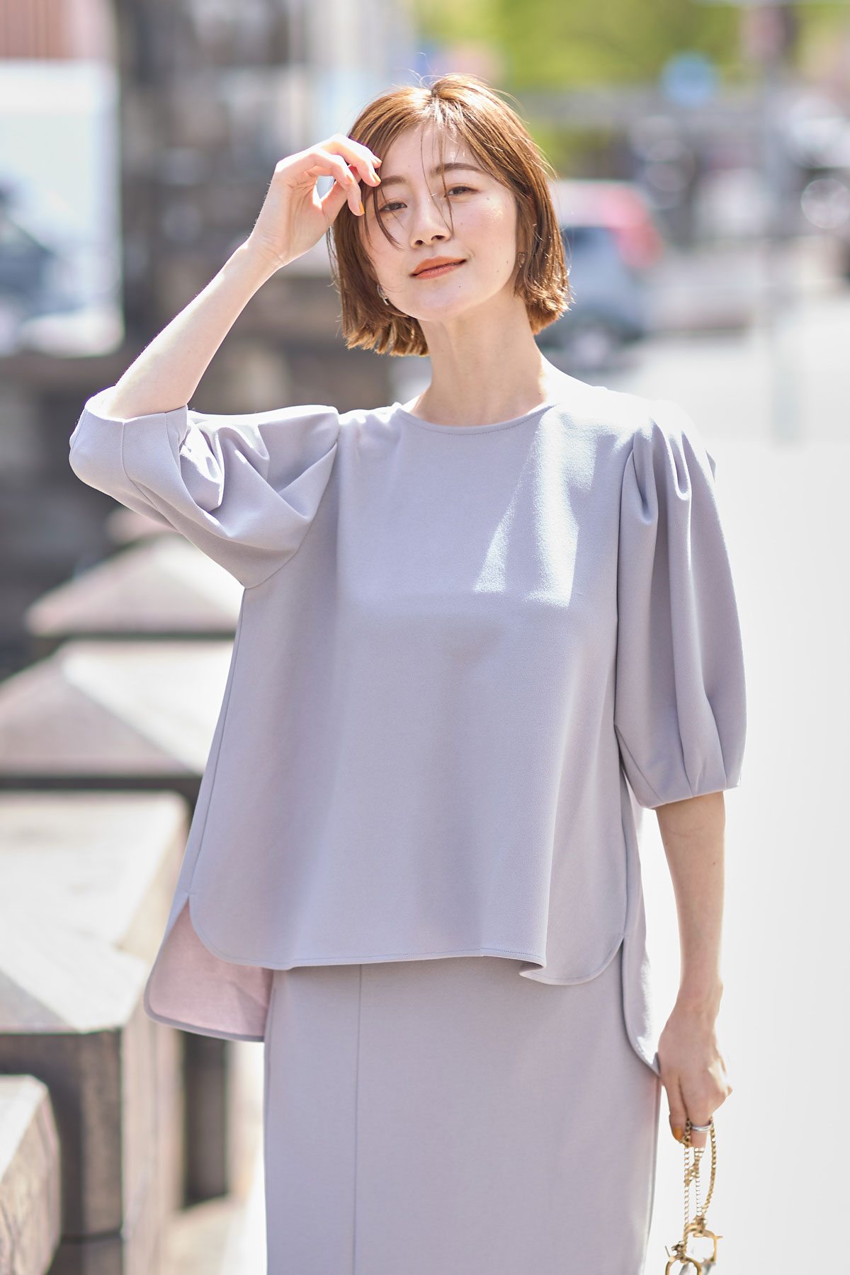 カットジョーゼットバックタックブラウス（セットアップ着用可能）