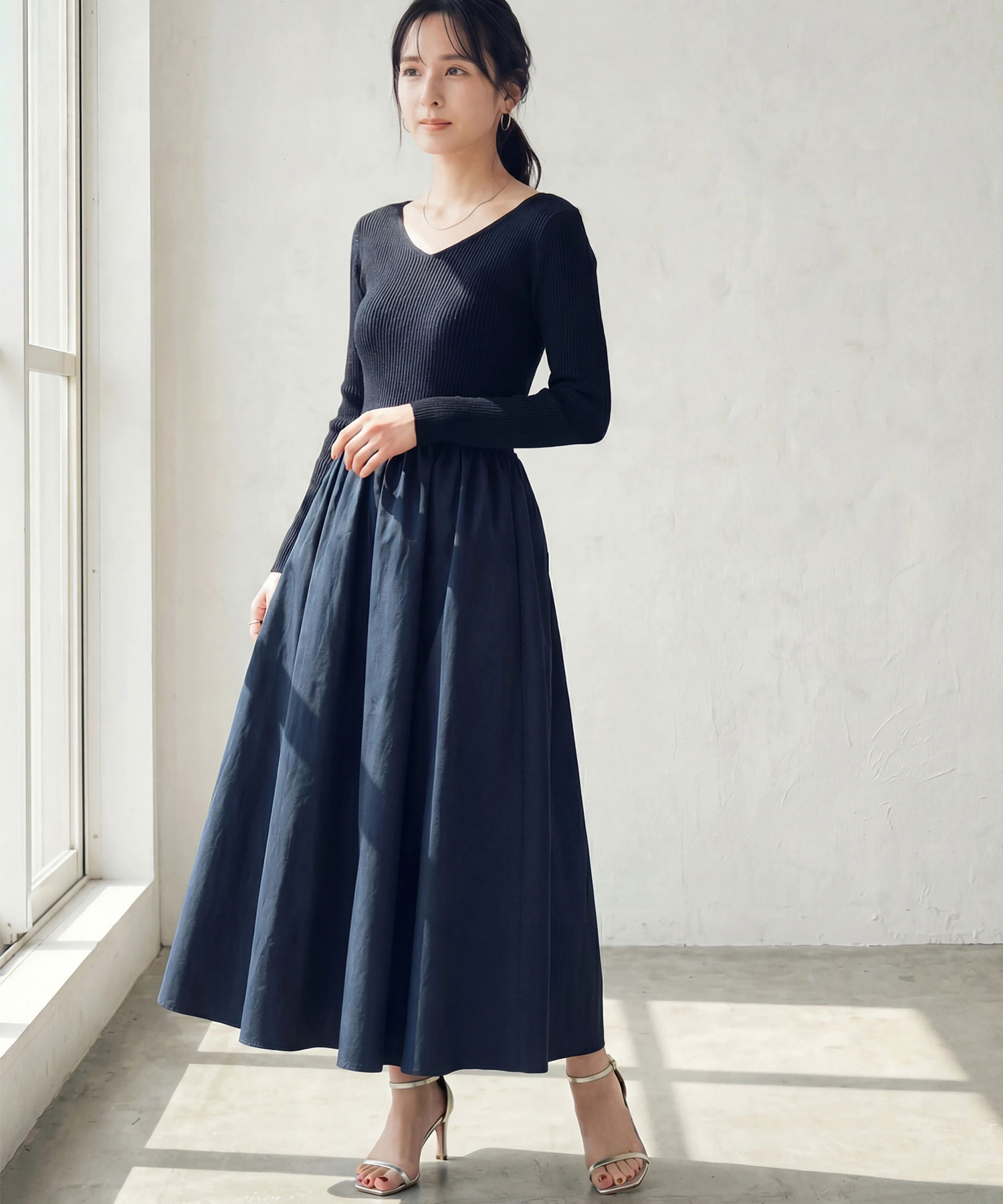 【LONG SELLER】前後2WAYシャリニットドッキングワンピース（長袖）