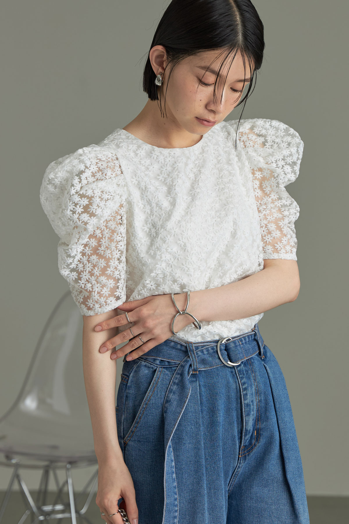 小花チュールシアースリーブブラウス＊SALE品につき返品/交換/注文確定後の変更キャンセル不可＊