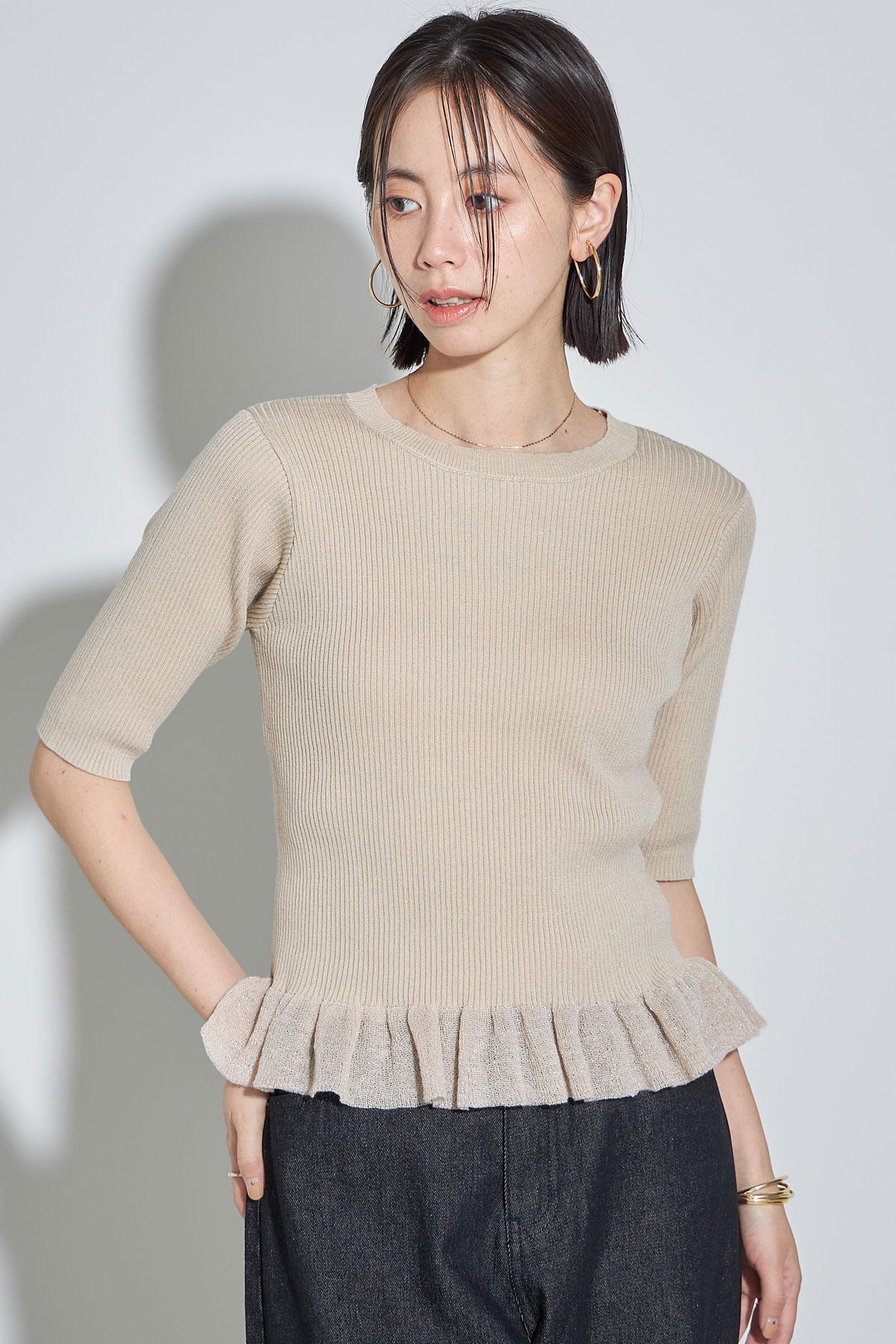 ラメフリルリブニットプルオーバー