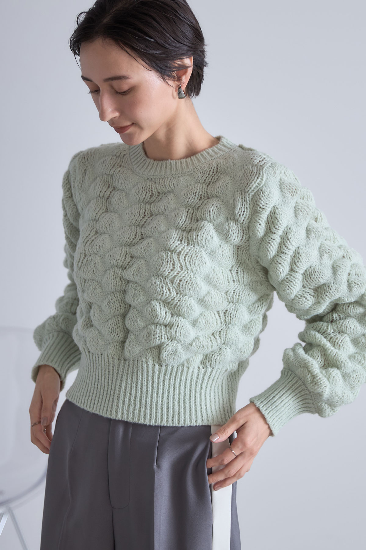 【SALE 拡大！】立体編地クロップドニットプルオーバー＊SALE品につき返品/交換/注文確定後の変更キャンセル不可＊