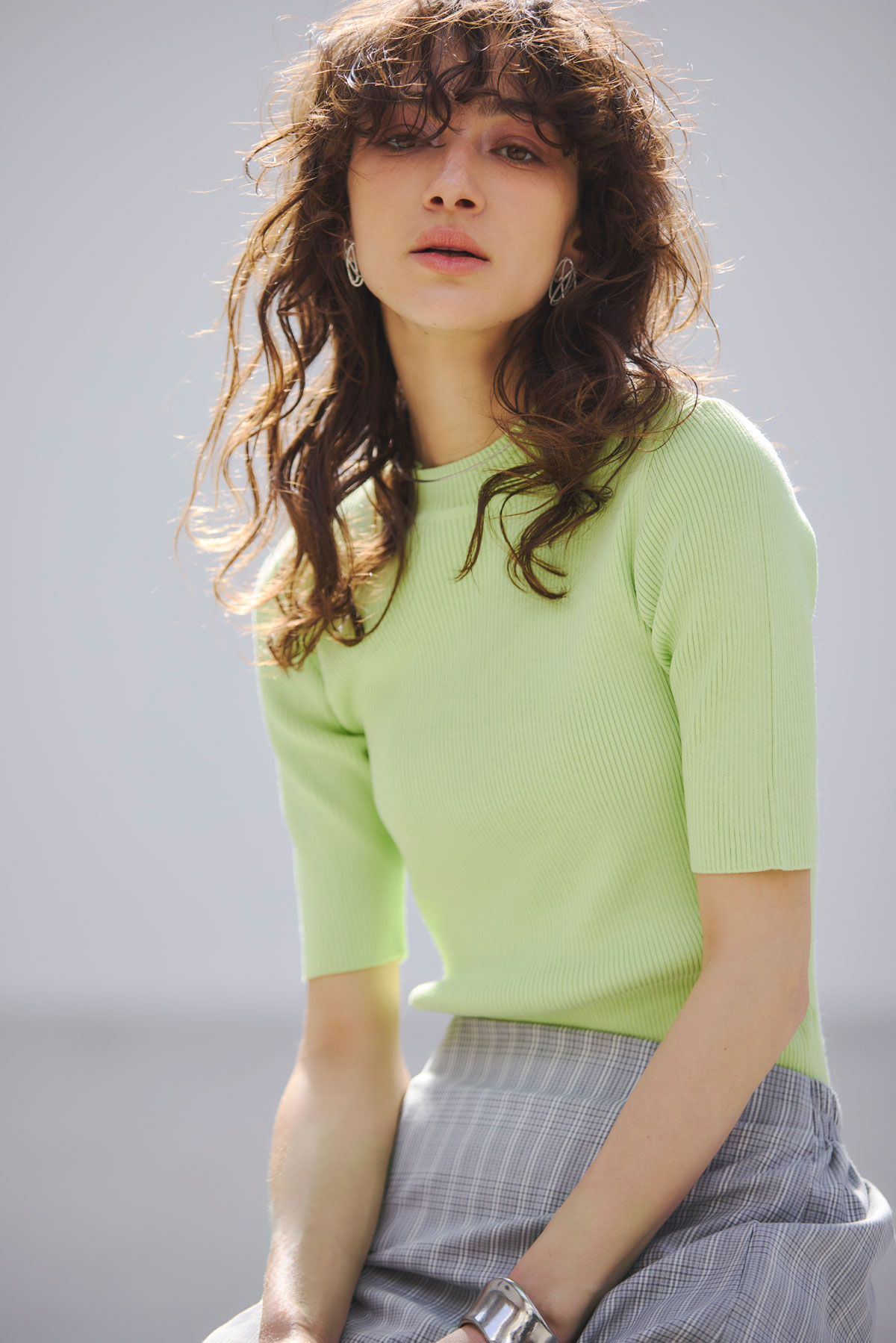 5分袖クルーネックニットトップス