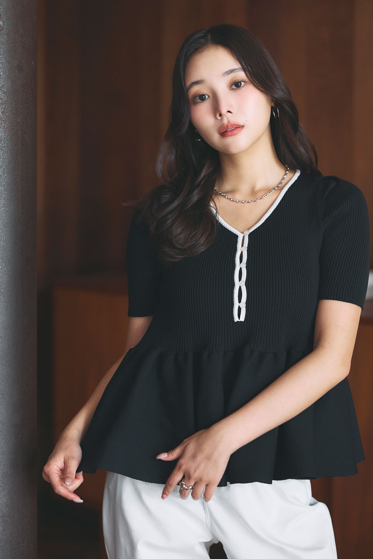 【稲垣莉生さん着用】配色ペプラムニット