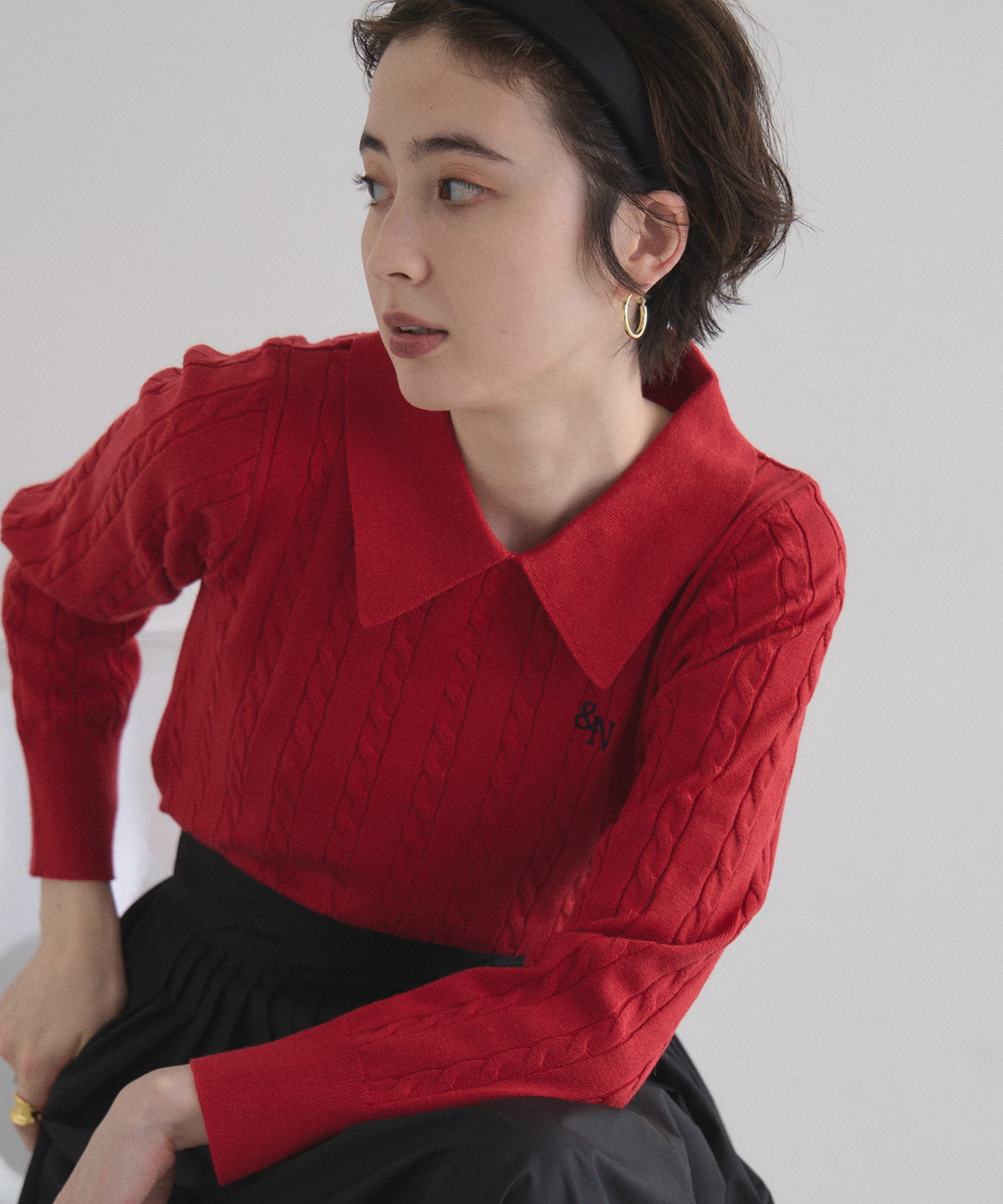 衿付きケーブルニットプルオーバー