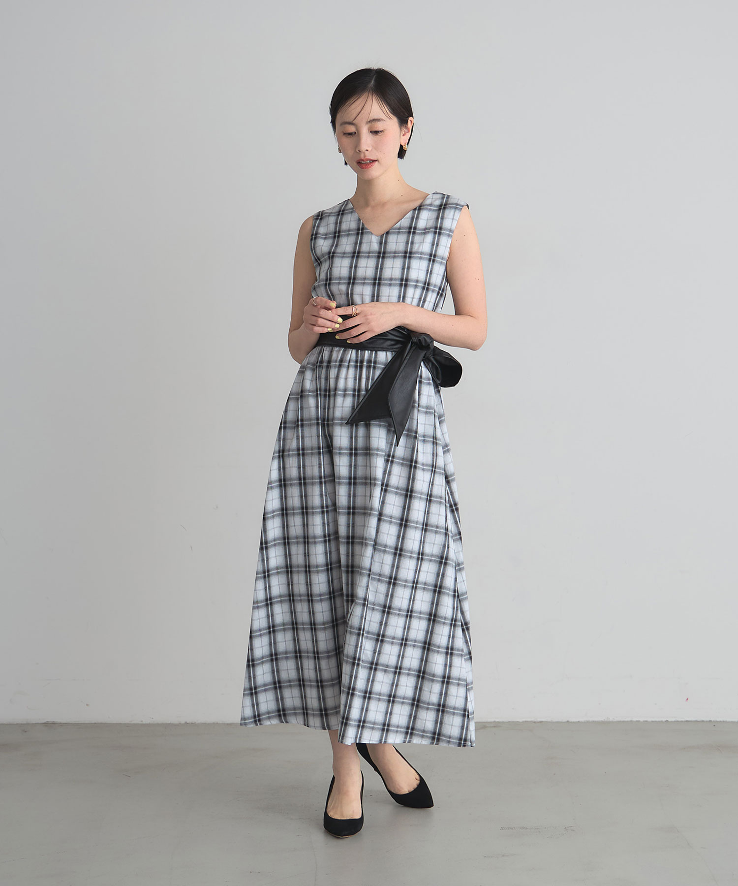 【8/1値下げ】【SUMMER SALE】レザーベルトチェックワンピース＊SALE品につき返品/交換/注文確定後の変更キャンセル不可＊