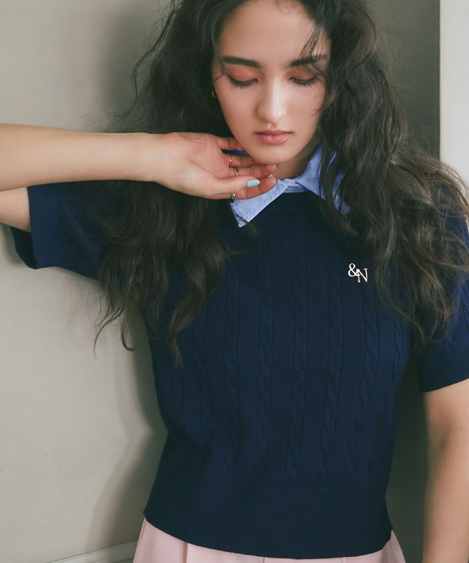 衿付きミニケーブルエンブロイダリーニットプルオーバー