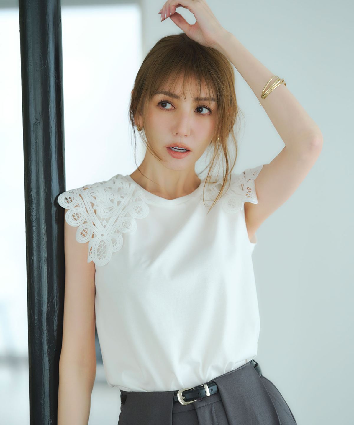 【美香さん着用】 【接触冷感・UVカット】レース襟ノースリトップス