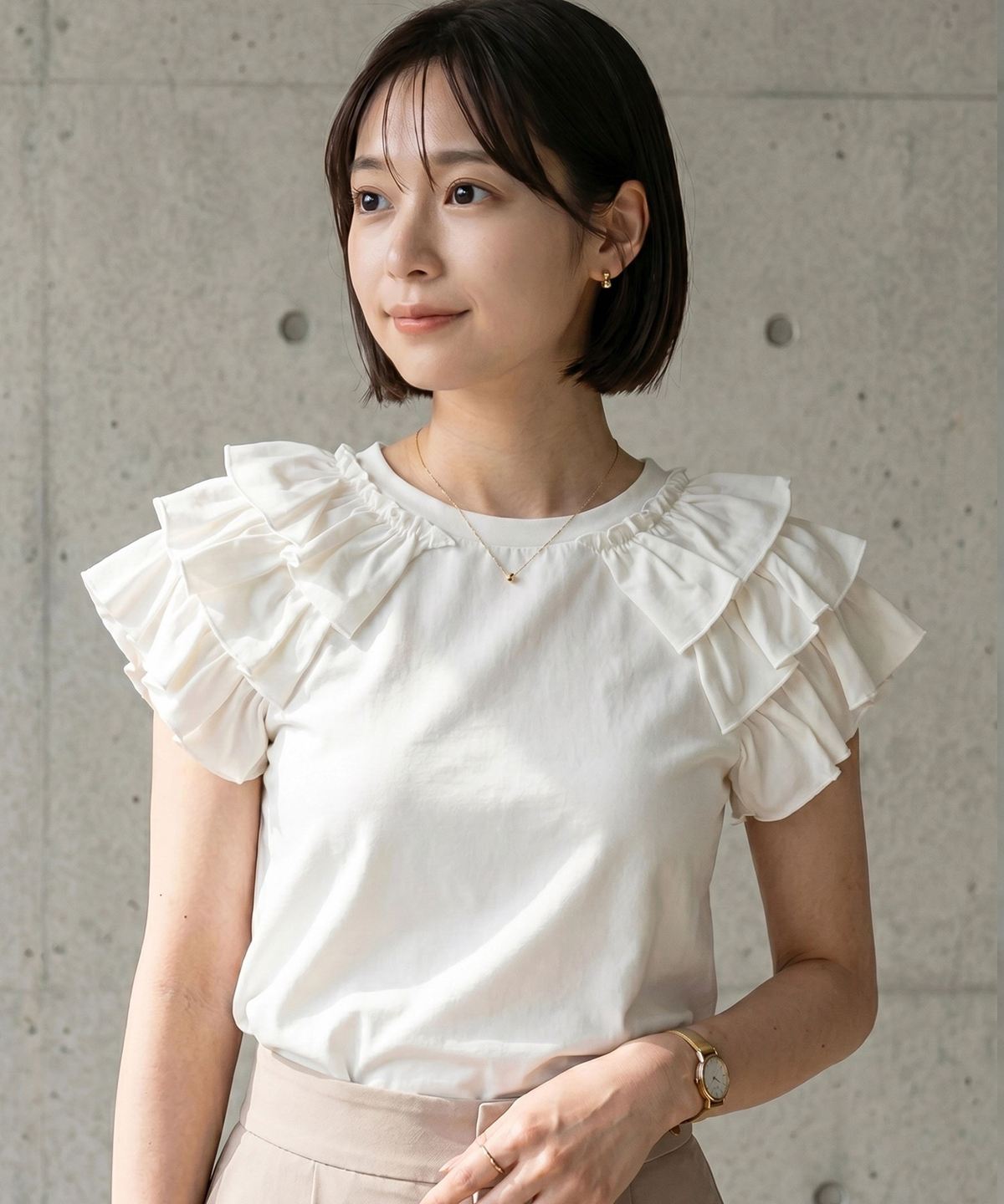 【接触冷感・汗染み防止・UVカット】袖フリルTシャツ