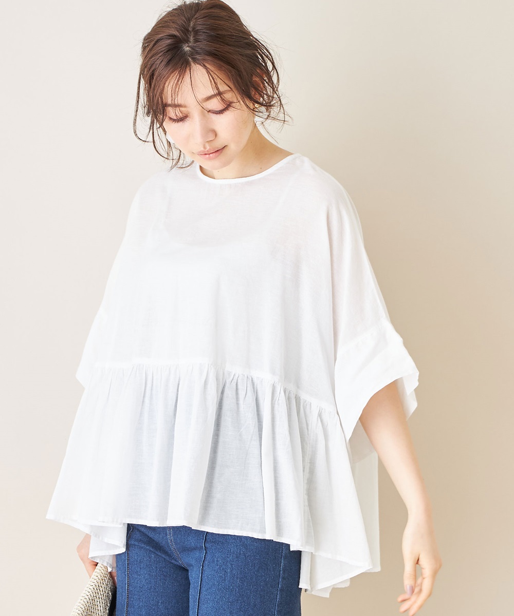 コットンリネンギャザーブラウス