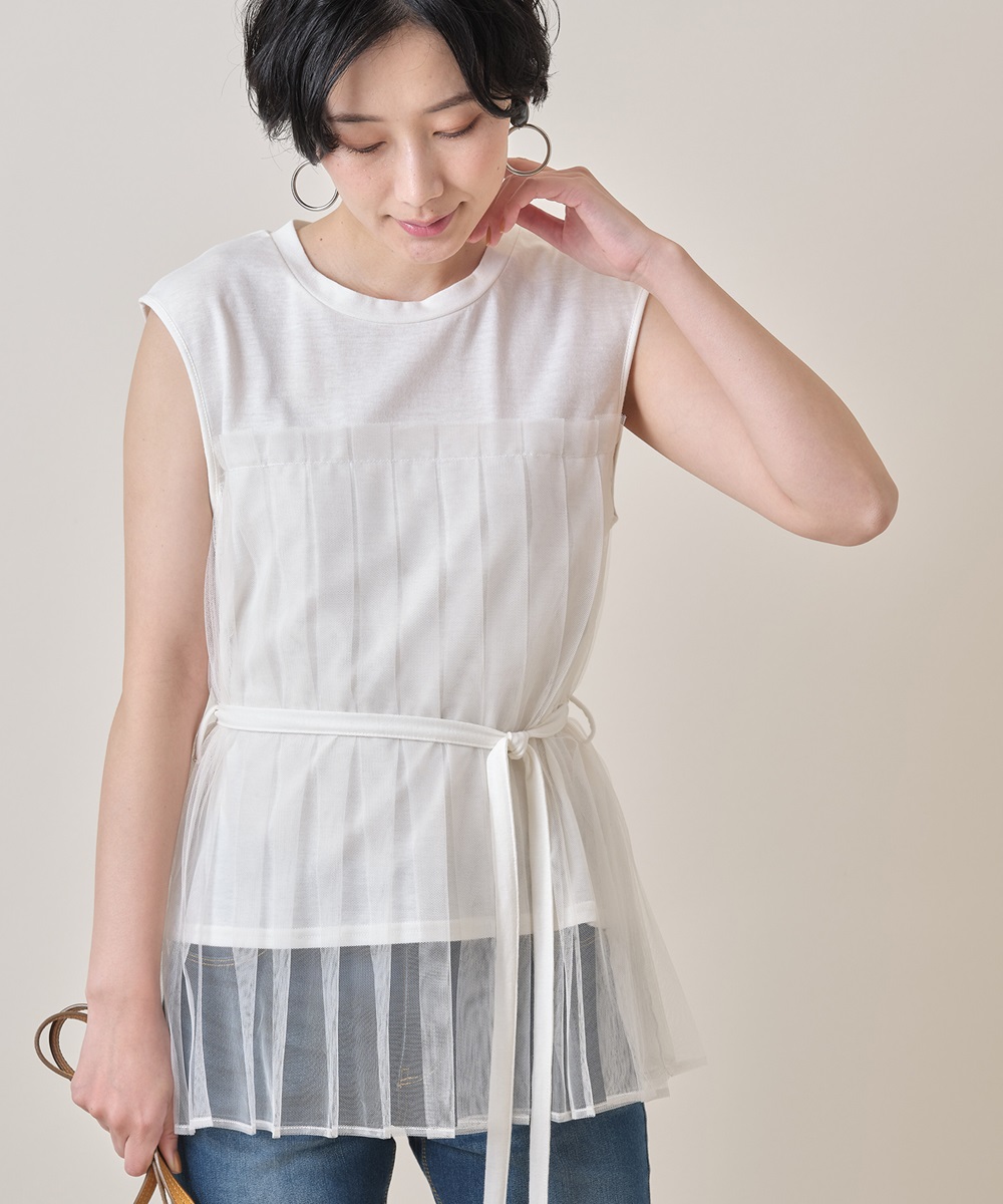 チュールプリーツドッキングTシャツ《一部の店舗のみ入荷》
