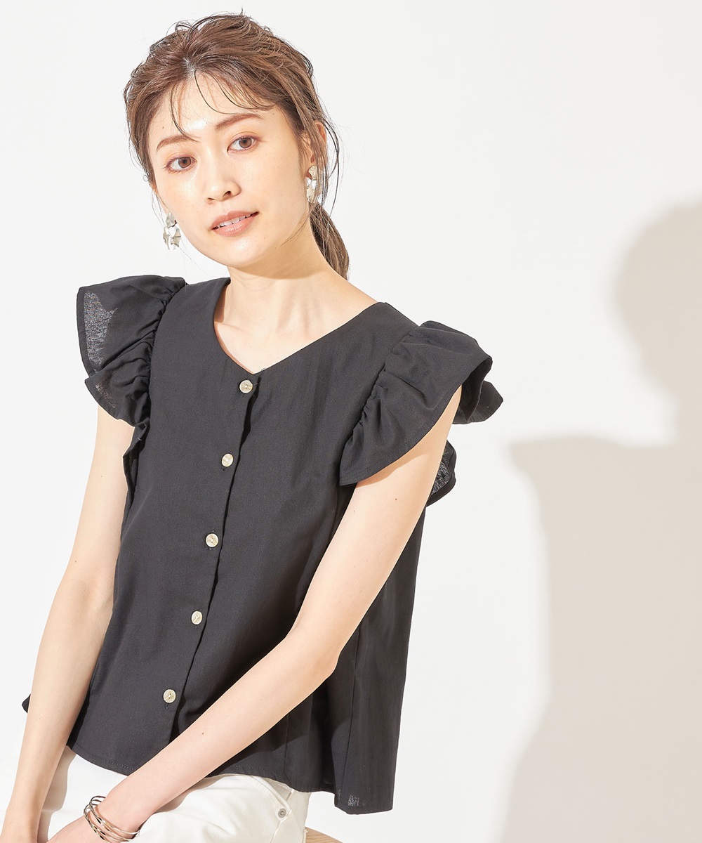リネンタッチ前後2WAYフリルスリーブブラウス※一部店舗のみ入荷