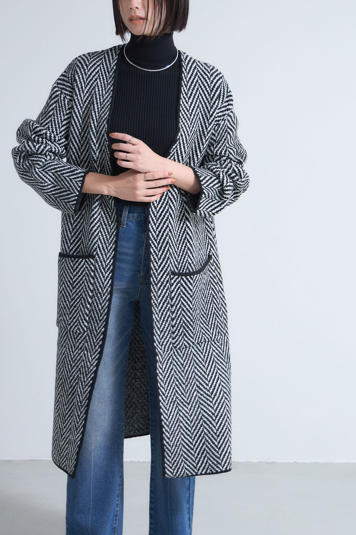 【OUTER SALE】ヘリンボーンジャガードニットカーディガン＊SALE品につき返品/交換/注文確定後の変更キャンセル不可＊