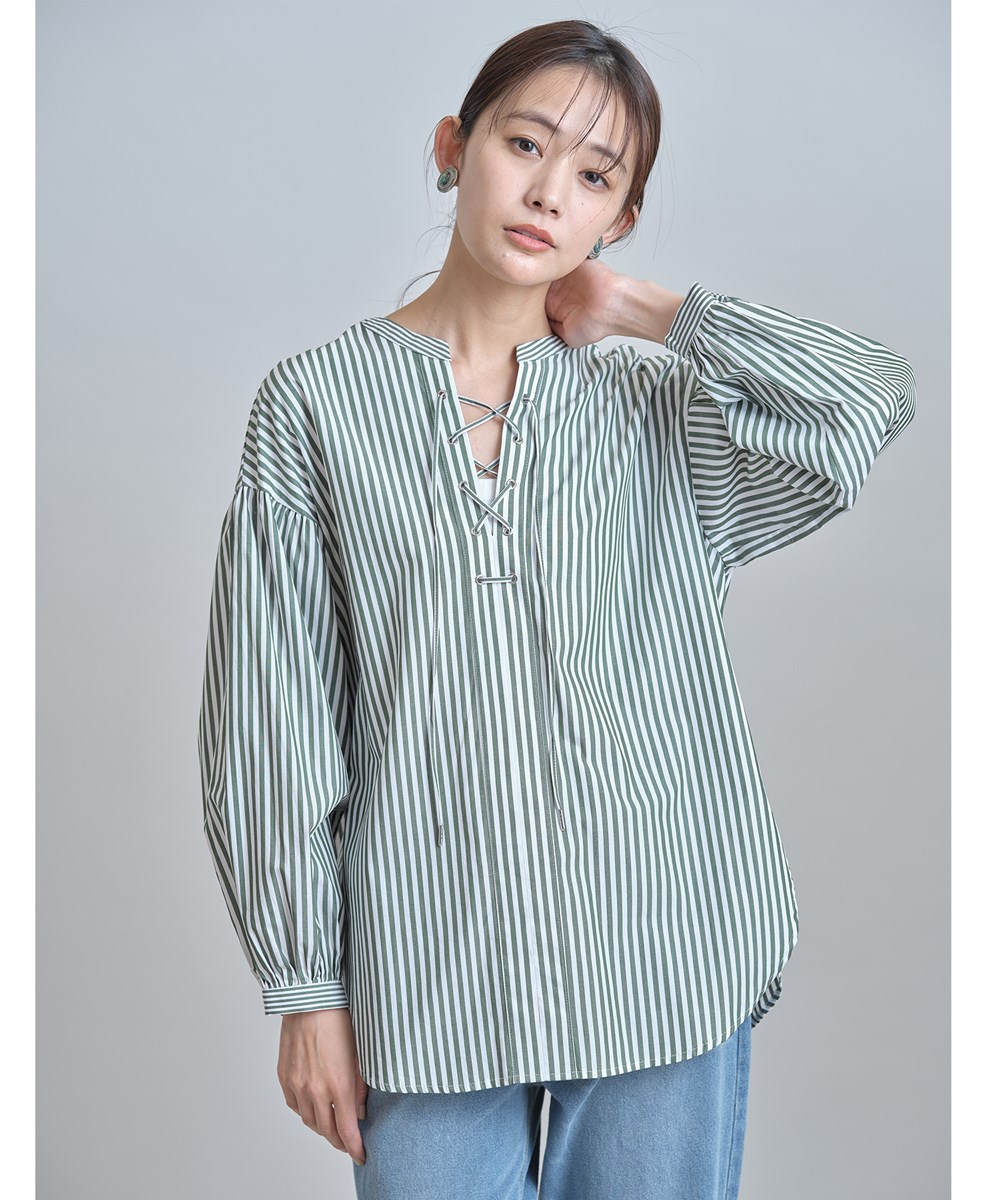 レースアップストライプシャツ※一部店舗のみ入荷